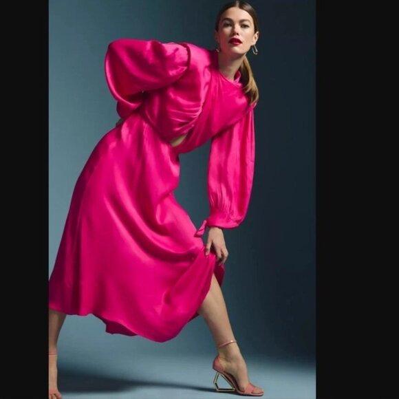 Anthropologie Dresses & Skirts - NWOT Farm Rio Satin Maxi Dress | Draped Bodice, Cutout, Padded Shoulders size L